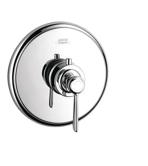 AXOR Unterputz-Thermostat mit einem runden, verchromten Bedienfeld und Hebelgriff zur Temperaturregelung, montiert an einer Wand.